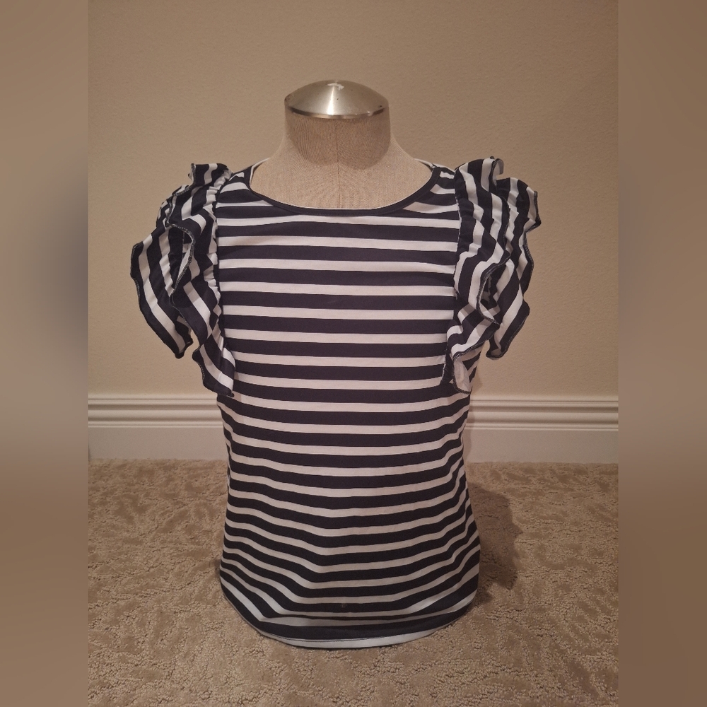 Women's Medium Sleeveless Top with Ruffles Shein Brown and White Stripe